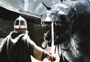 Éowyn faces down the Witch-king's fell beast in the film of The Return of the King.
