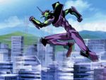 Unit 01 runs through Tokyo-3; the buildings in the background give a frame of reference for the size of the Eva.