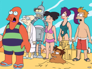 From left to right: Dr. Zoidberg,  Professor Farnsworth, Bender, Amy, Hermes, Leela, and Fry.