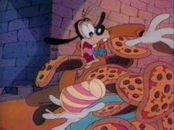 Goofy stumbles into pizzas in the Goof Troop episode "Queasy Rider"