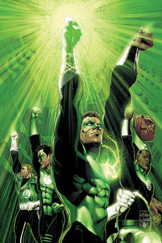 Cover to Green Lantern: Rebirth #6, art by Ethan Van Sciver. Featured left to right are Guy Gardner, Kyle Rayner, Hal Jordan, John Stewart and Kilowog.