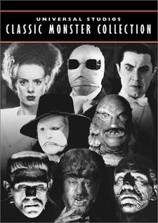 DVD cover showing horror characters as depicted by Universal Studios. Elsa Lanchester from Bride of Frankenstein (1935), Claude Rains from The Invisible Man (1933), Bela Lugosi from Dracula (1931), Claude Rains from Phantom of the Opera (1943), "The Creature" from Creature from the Black Lagoon (1954), Boris Karloff from Frankenstein (1931), Lon Chaney Jr. from The Wolf Man (1941) and Boris Karloff from The Mummy (1932)