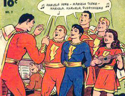Detail from the cover of The Marvel Family #2. From left to right, Captain Marvel, Lt. "Fat" Marvel, Captain Marvel Jr., Lt. "Tall" Marvel, Lt. "Hillbilly" Marvel, and Mary Marvel. Uncle Marvel can be seen seated at the piano in the background. Art by C.C. Beck and Pete Costanza.