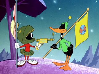 Duck Dodgers faces off against Marvin.