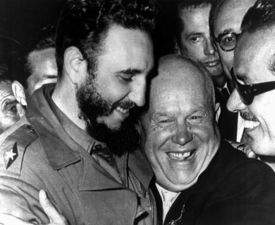 Khrushchev embracing Cuban President Fidel Castro
