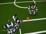 Modified Robosapiens playing the first soccer game among humanoid robots ever.
