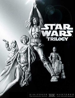 The cover of the 2004 DVD widescreen release of the modified original Star Wars Trilogy.