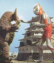 Ultraman fights one of his toughest opponents, Gomora.