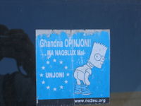 Since the inception of the Simpsons, Bart has become internationally recognized as a symbol of defiance to authority.  This Maltese language anti-European Union bumper sticker became popular during the contentions deliberations regarding Malta's admission to the EU. (Photo taken in Tarxien in August 2005.)