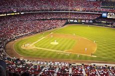 A view of the playing field at Busch Stadium II in St. Louis, Missouri.