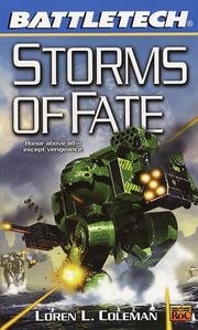 Battlemechs from cover of the book Storms of Fate by Loren L. Coleman, art by Fred Gambino.