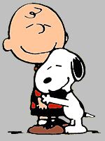 Charlie Brown and his dog Snoopy.