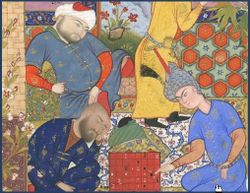A Persian youth playing chess with two suitors. Chess was played in Persia as early as the 3rd century AD.