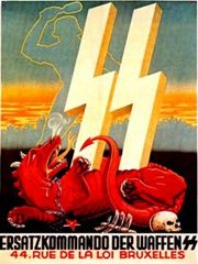 Nazi propaganda poster of a dragon being crushed by the logo of the nazi S.S.