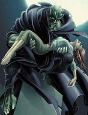 The Ultimate Green Goblin holding Mary Jane Watson. Art by Mark Bagley.