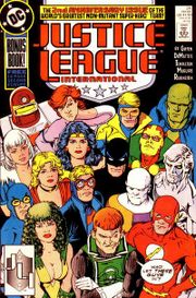 The Justice League gets a larger roster as seen in Justice League International #24. Art by Kevin Maguire.