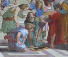 Euclid, a famous Greek mathematician known as the father of geometry, is shown here in detail from "The School of Athens" by Raphael.