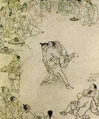 Painting of villagers at a ssireum match, by Kim Hong-do of the Joseon dynasty.