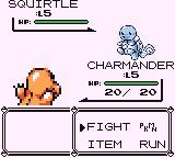 A screenshot from one of the first Pokémon games, Pokémon Red. The player’s Charmander battles a Squirtle.