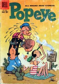 A Popeye comic book cover shows Popeye, with his characteristic corncob pipe and single good eye, and his girlfriend Olive Oyl.