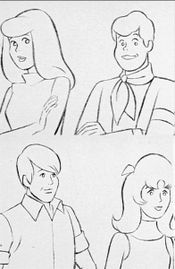Very early designs by Iwao Takamoto for the Mysteries Five characters. Left to right, top row: Kelly (Daphne) and Geoff (Fred). Left to right, bottom row: W.W. (Shaggy) and Linda (Velma). 
