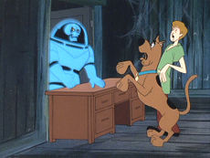 Shaggy and Scooby-Doo register mutual fear after being confronted by a typical Scooby-Doo villain, a ghost from outer-space. From Scooby-Doo, Where are You! season one, episode fourteen ("Spooky Space Kook", December 20, 1969).