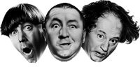The most familiar and popular Three Stooges lineup: (L to R) Moe, Curly, and Larry. This headshot is the official logo for Stooges' merchandising company, Comedy III Productions.
