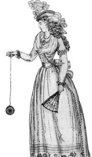 1791 illustration of woman playing with an early version of the yo-yo, then known as a "bandalore"